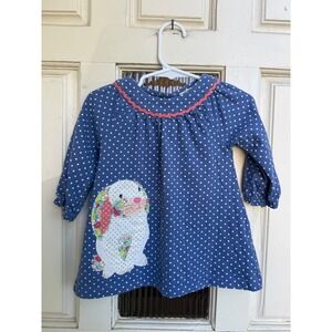 Baby Boden Blue Polka Dot Bunny Applique Jersey Dress Size 3-6M 68cm Long Sleeve